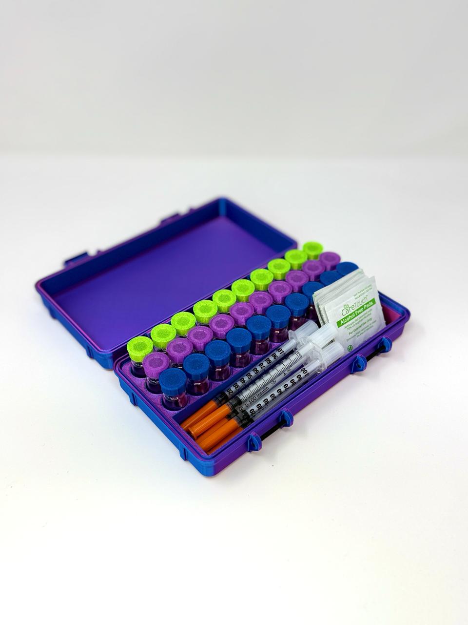 30-Vial 3mL Combo Vault — Open 3/4 view showing all 30 vials and accessory compartment