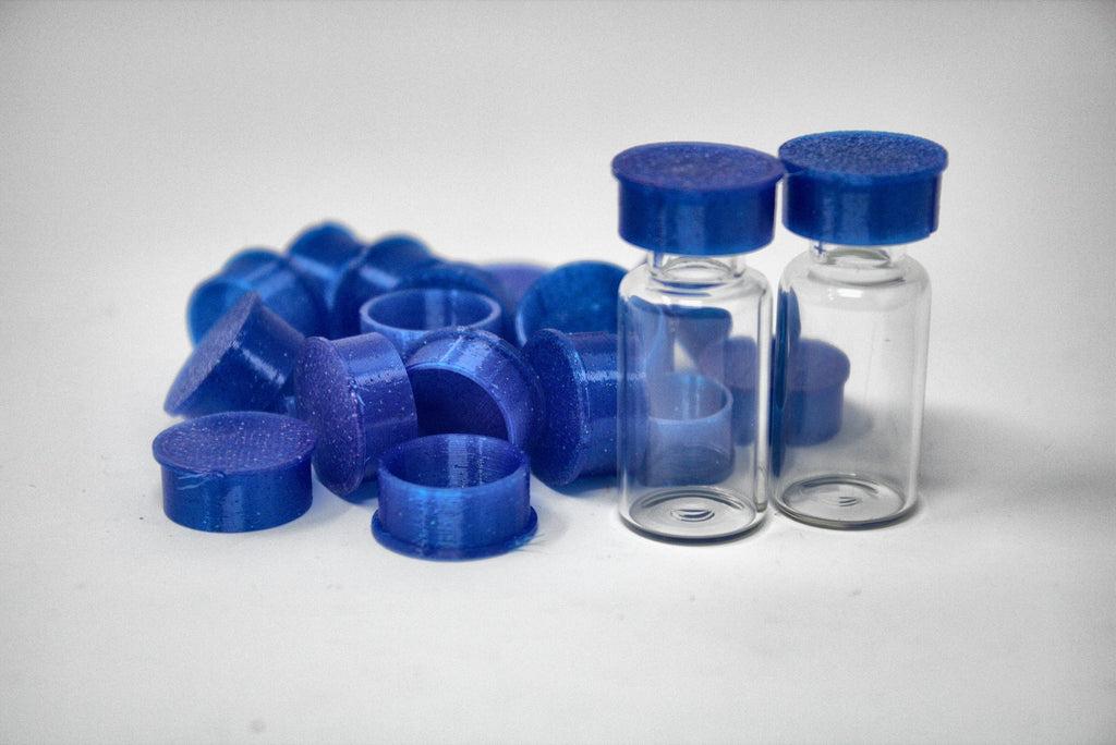 Blue reusable TPU vial caps with vials