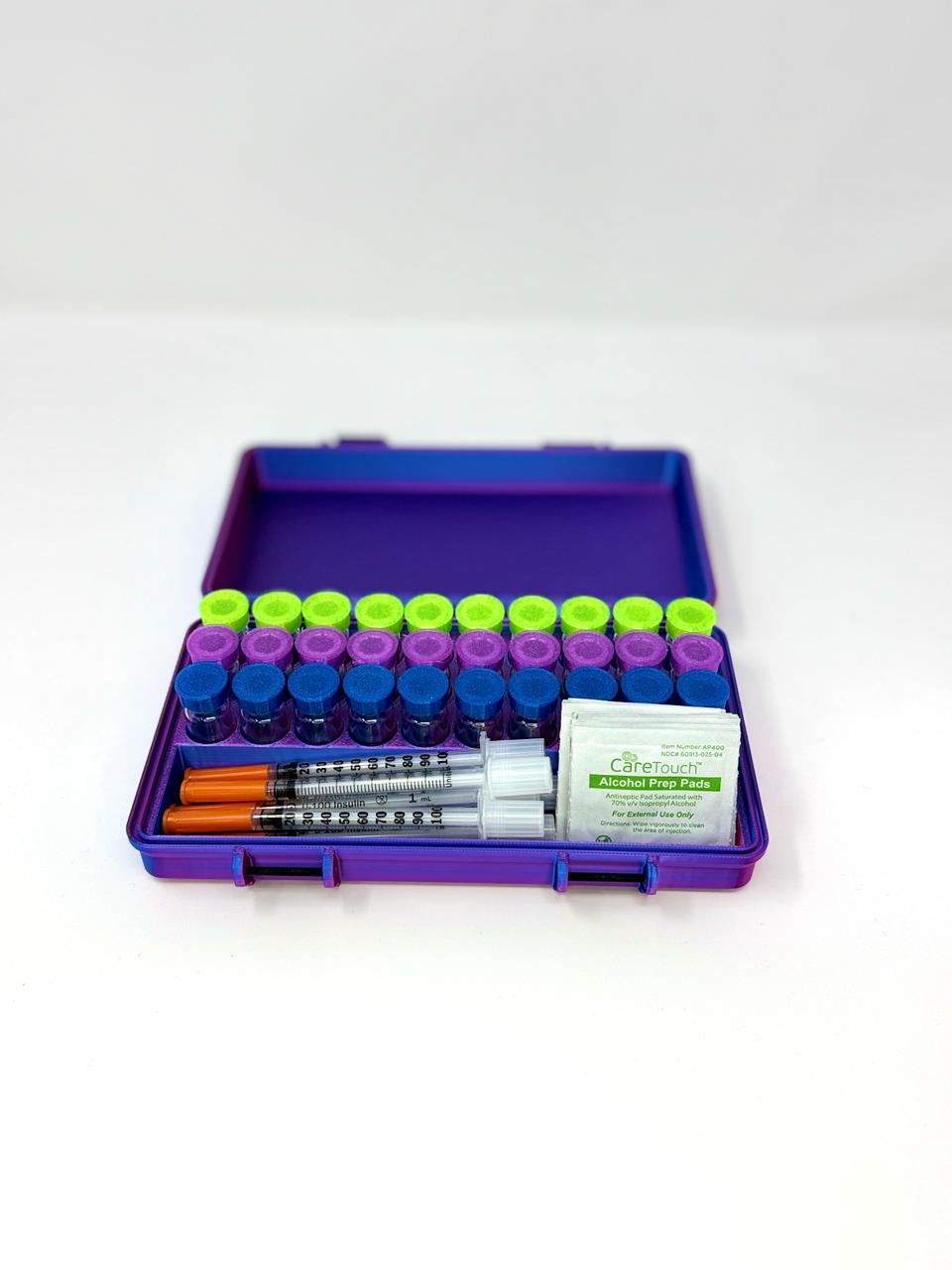 30-Vial 3mL Combo Vault — Front open view with vials and accessories loaded