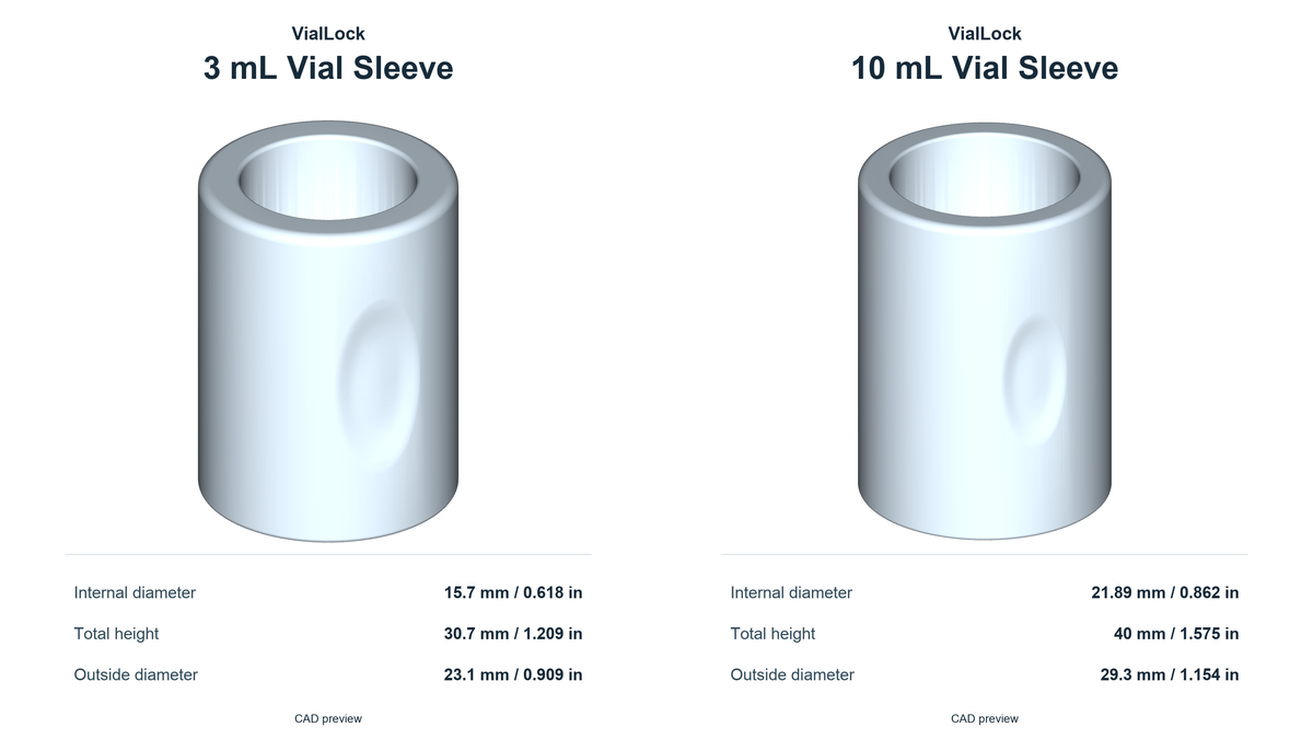 3 mL and 10 mL sleeve dimensions in millimeters and inches